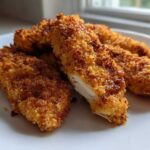 Close-up of several Crispy Oven Baked Chicken Tenders showing a golden-brown crust and a juicy white interior.