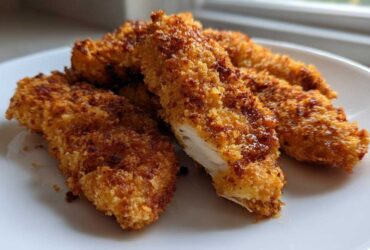 Close-up of several Crispy Oven Baked Chicken Tenders showing a golden-brown crust and a juicy white interior.