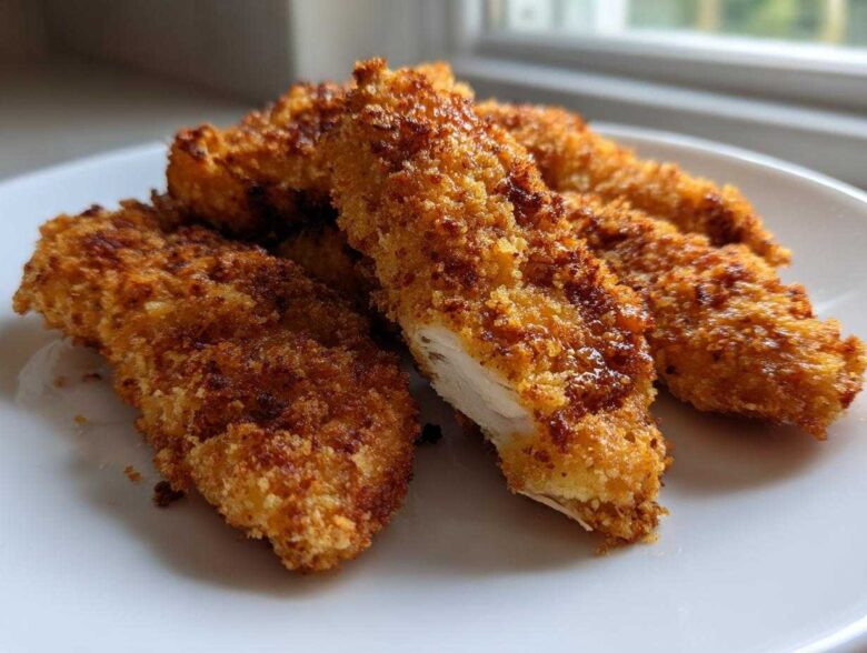 Close-up of several Crispy Oven Baked Chicken Tenders showing a golden-brown crust and a juicy white interior.
