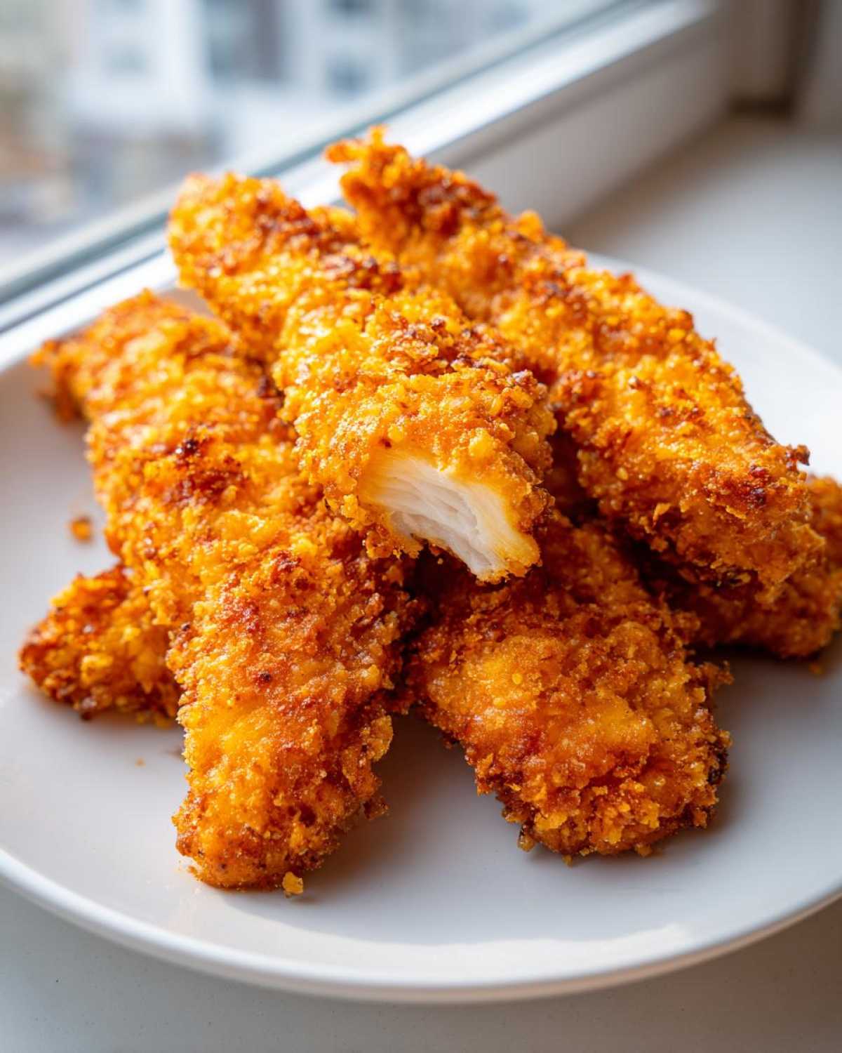 Close-up of golden brown Crispy Oven Baked Chicken Tenders, showing the juicy white meat inside one broken piece.