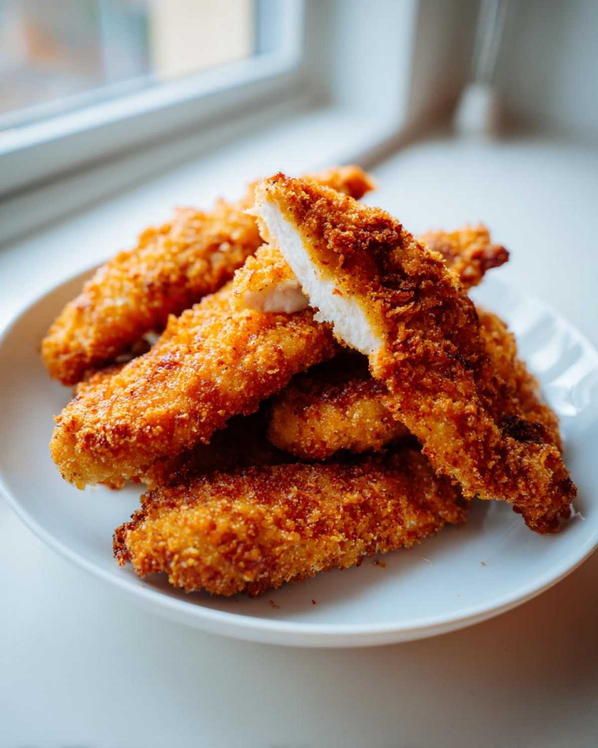 A plate of golden brown Crispy Oven Baked Chicken Tenders, one piece is broken open showing the juicy white meat inside.