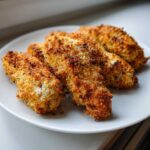 Four golden brown Crispy Oven Baked Chicken Tenders Extra Juicy piled on a simple white plate.