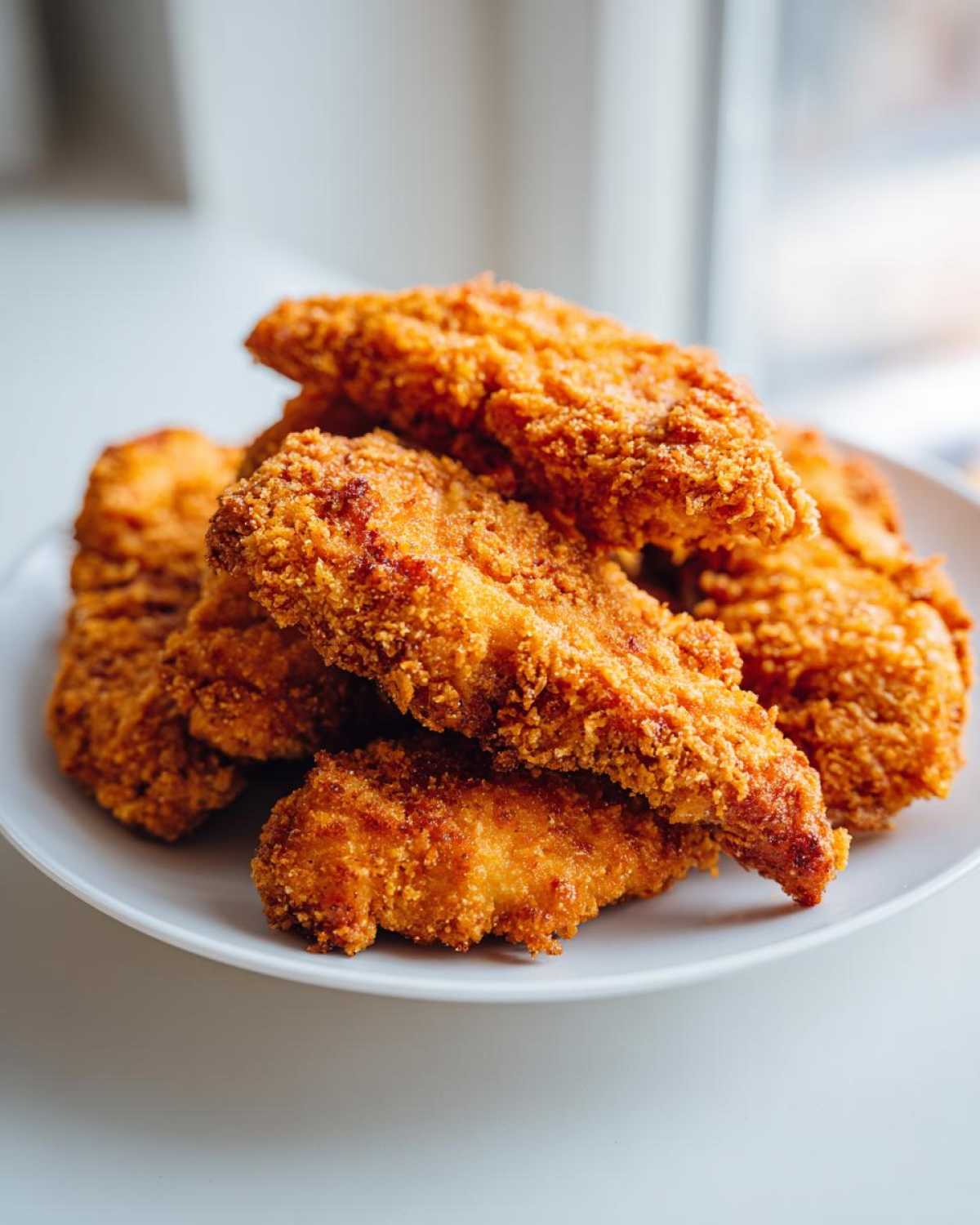 A close-up stack of golden brown Crispy Oven Baked Chicken Tenders on a white plate.