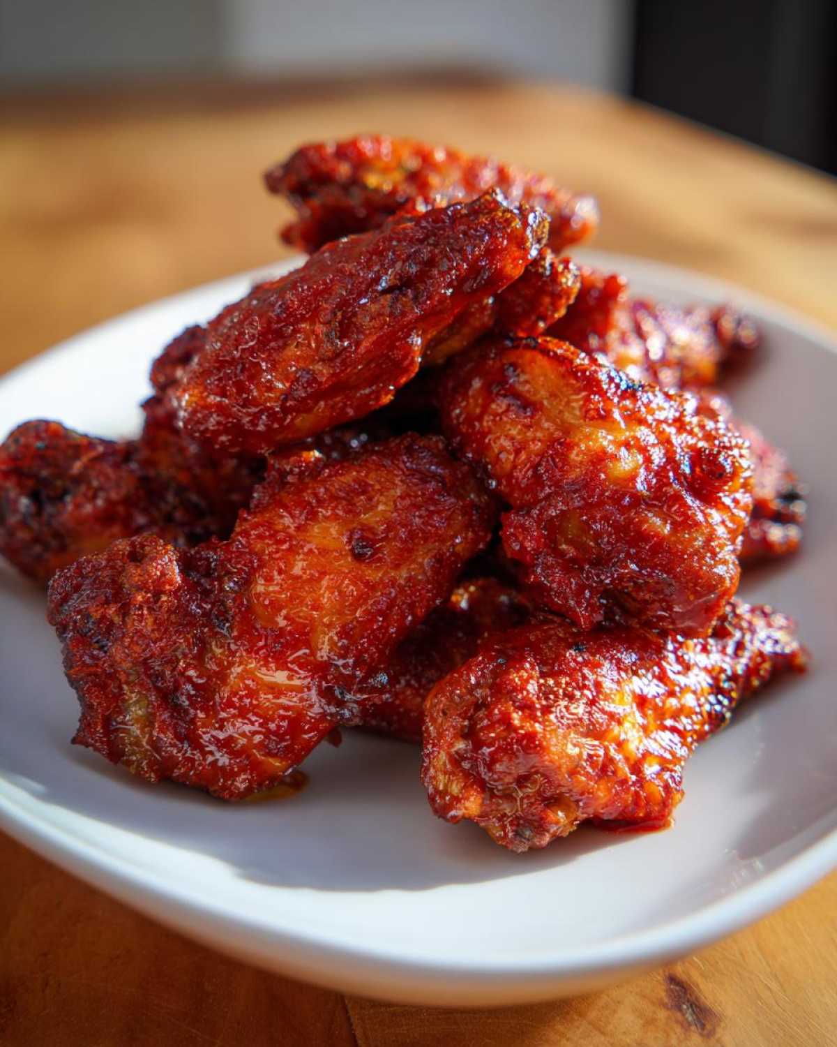 A close-up of a pile of glistening, crispy oven baked Honey Sriracha Chicken Wings on a white plate.