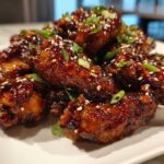 A mound of oven-baked Sticky Teriyaki Chicken Wings, glazed and garnished with sesame seeds and green onions.