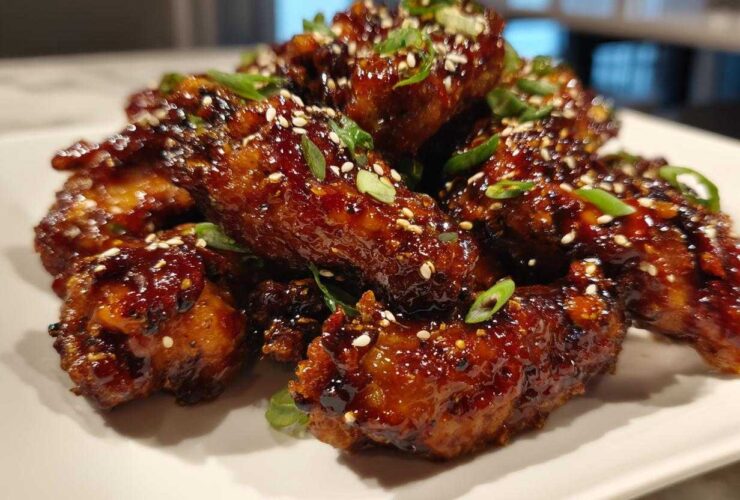 A mound of oven-baked Sticky Teriyaki Chicken Wings, glazed and garnished with sesame seeds and green onions.