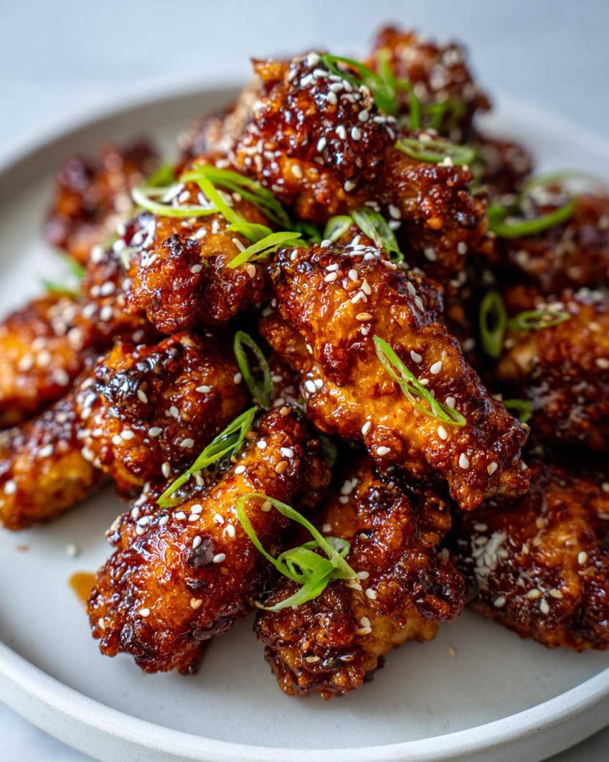 Close-up of oven-baked Sticky Teriyaki Chicken Wings coated in glaze and topped with sesame seeds and scallions.