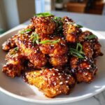 A mound of oven-baked Sticky Teriyaki Chicken Wings coated in a glossy sauce and sprinkled with sesame seeds and green onions.