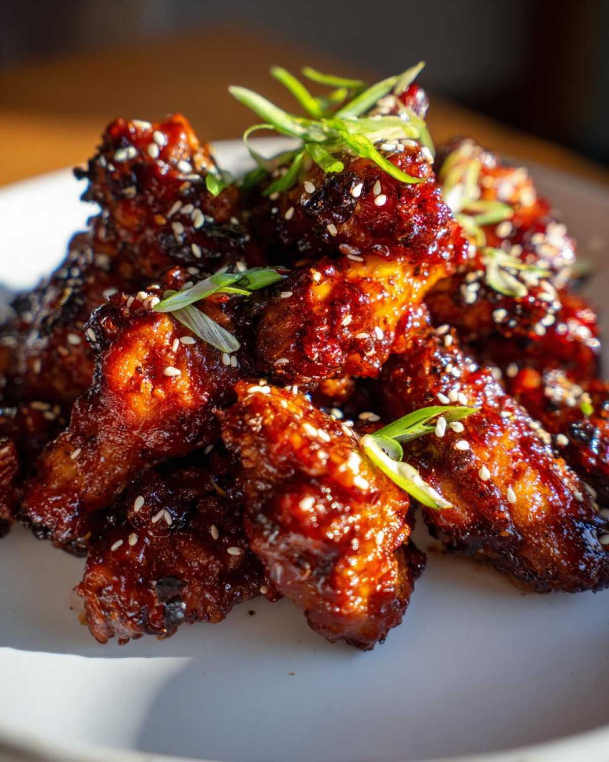 A close-up of oven-baked Sticky Teriyaki Chicken Wings coated in a dark, glossy sauce and sprinkled with sesame seeds and green onions.