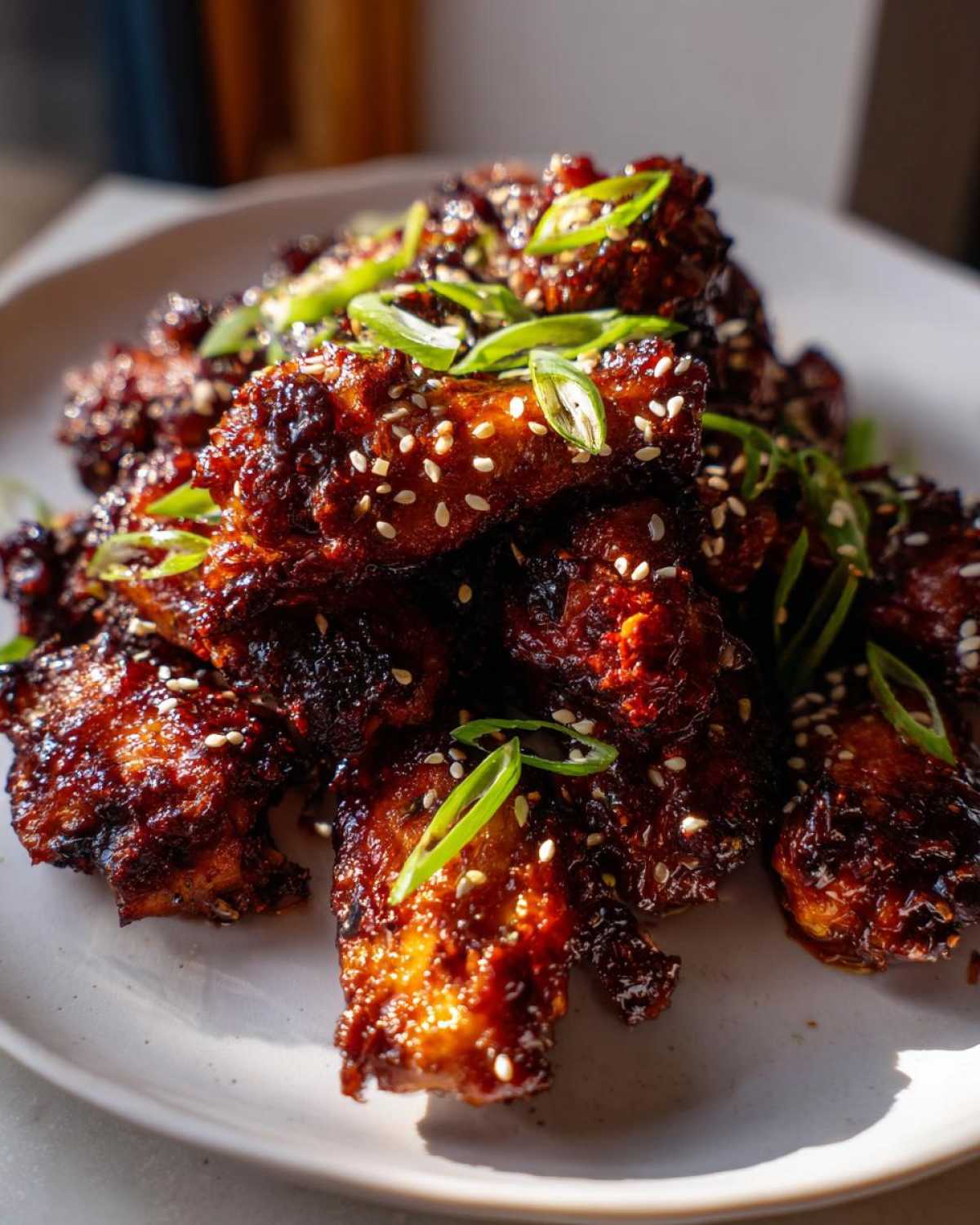 A pile of crispy Sticky Teriyaki Chicken Wings coated in dark glaze, topped with sesame seeds and green onions.