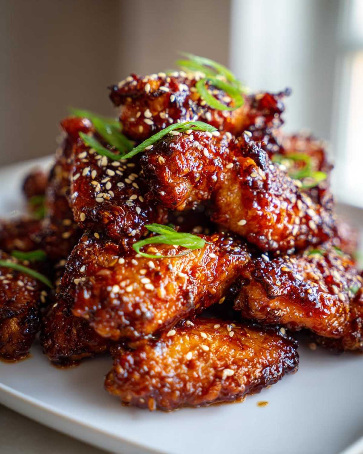 A close-up of a pile of crispy Sticky Teriyaki Chicken Wings coated in glaze, sesame seeds, and green onions.