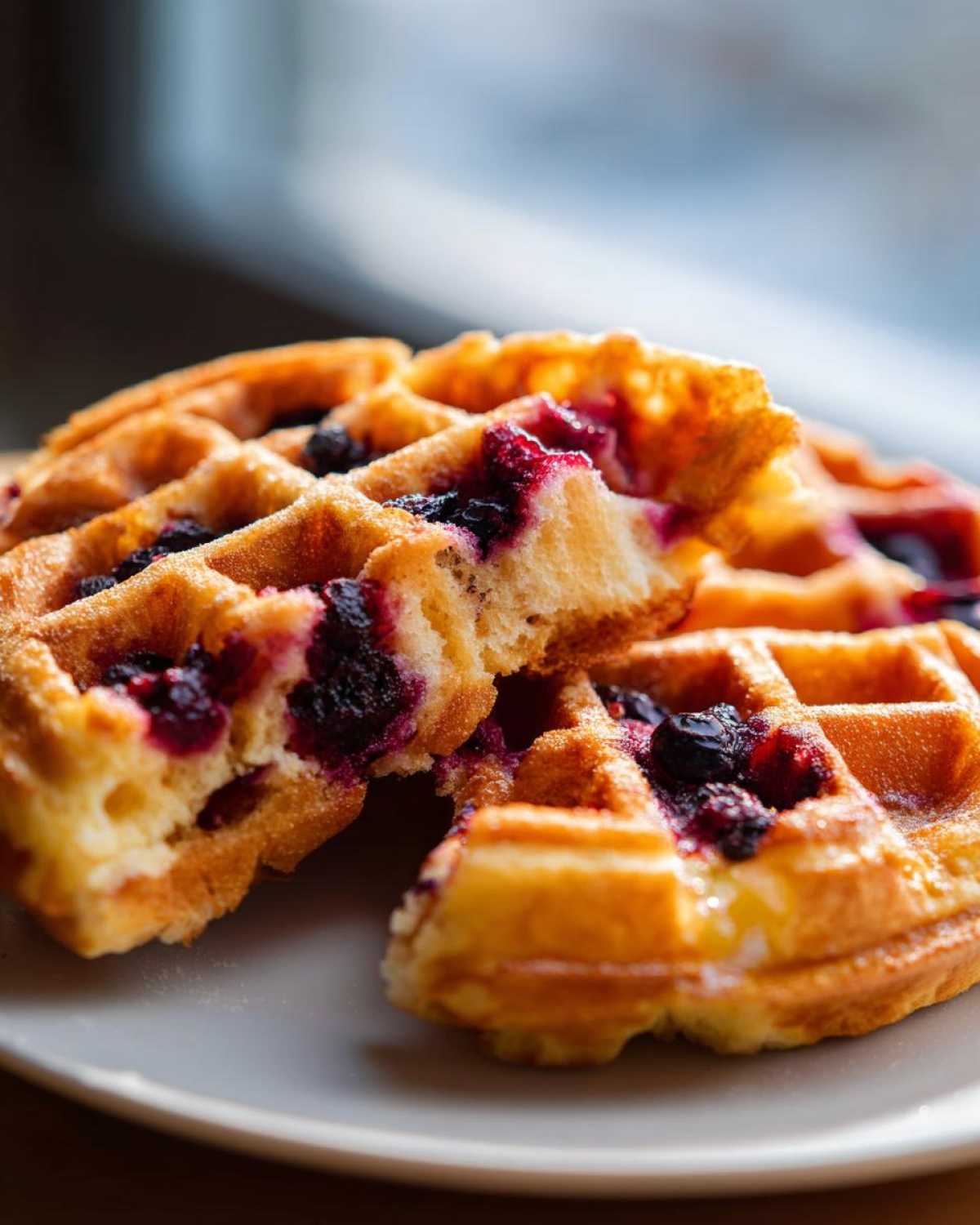 Close-up of fluffy Gluten-Free Blueberry Waffles broken in half, showing juicy berries inside.