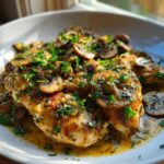 Close-up of golden-brown Garlic Butter Chicken and Mushroom Skillet Dinner topped with fresh parsley.