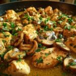 Close-up of tender chicken pieces and sliced mushrooms simmering in a rich garlic butter sauce, garnished with fresh parsley.