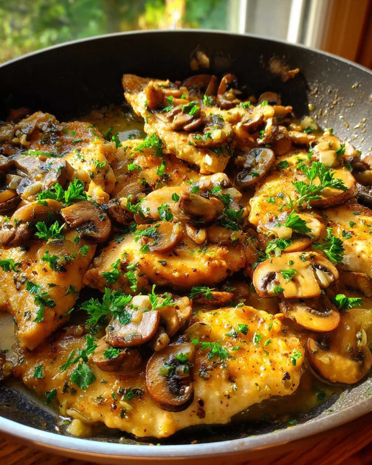 Close-up of golden Garlic Butter Chicken and Mushroom Skillet Dinner topped with fresh parsley.