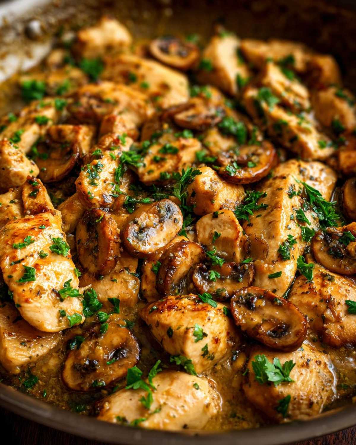 Close-up of tender chicken pieces and sliced mushrooms coated in a rich garlic butter sauce, garnished with fresh parsley for a Garlic Butter Chicken and Mushroom Skillet Dinner.