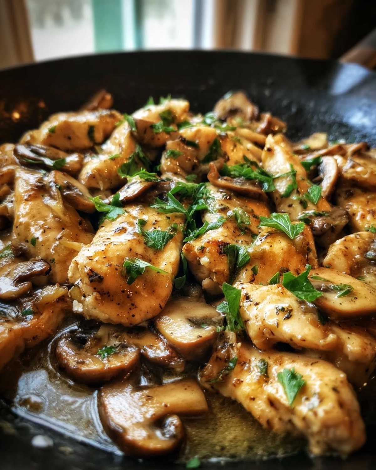 Close-up of seared chicken pieces and sliced mushrooms simmering in a rich garlic butter sauce, garnished with parsley.