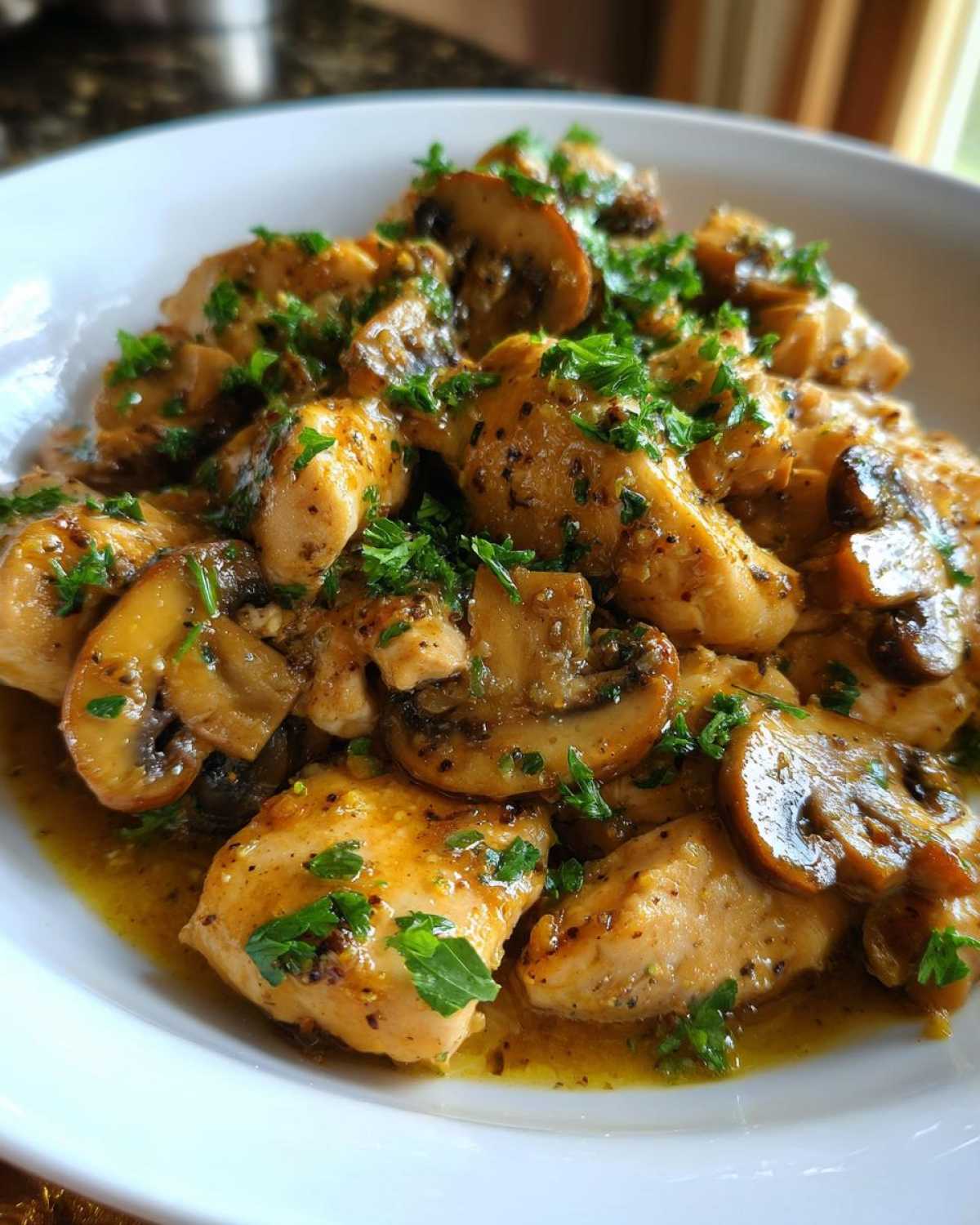 Close-up of tender chicken pieces and sliced mushrooms coated in a rich garlic butter sauce, garnished with fresh parsley.