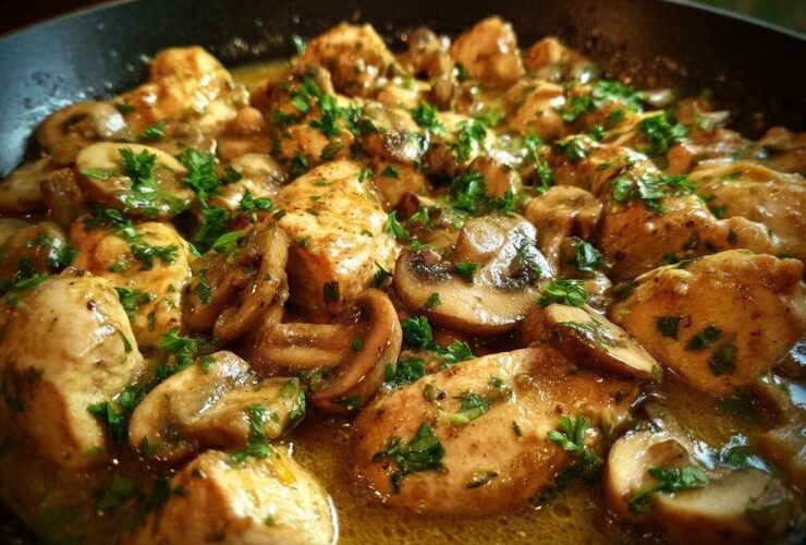 Close-up of tender chicken pieces and sliced mushrooms simmering in a rich garlic butter sauce, garnished with fresh parsley.