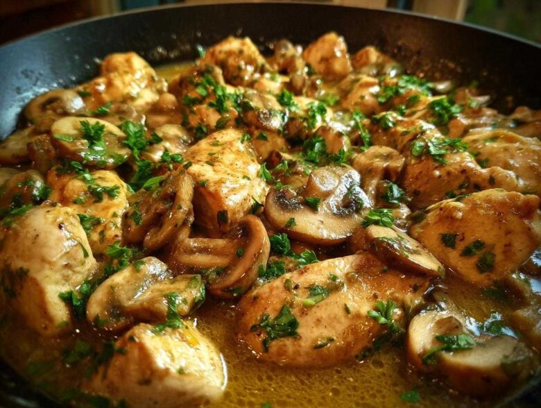 Close-up of tender chicken pieces and sliced mushrooms simmering in a rich garlic butter sauce, garnished with fresh parsley.