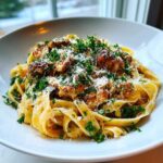 A close-up of creamy Garlic Butter Chicken Pasta with Parmesan, topped with fresh parsley.