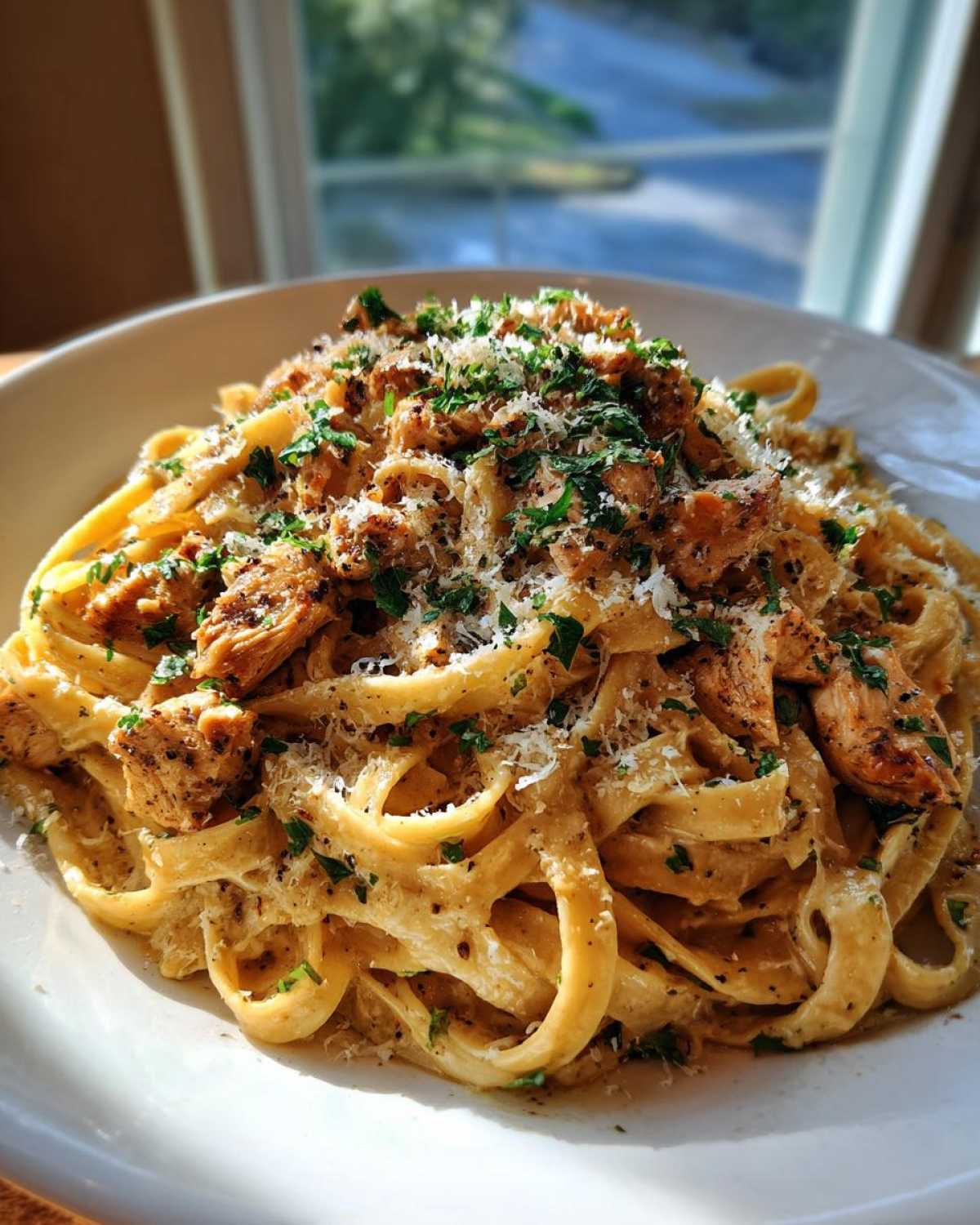 A close-up of creamy Garlic Butter Chicken Pasta with Parmesan, topped with chopped parsley.