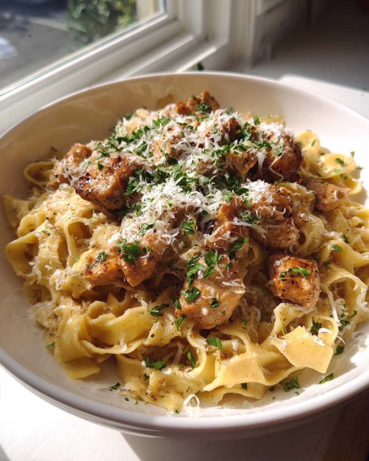 A close-up of Garlic Butter Chicken Pasta with Parmesan, featuring wide noodles, seared chicken pieces, and fresh parsley.