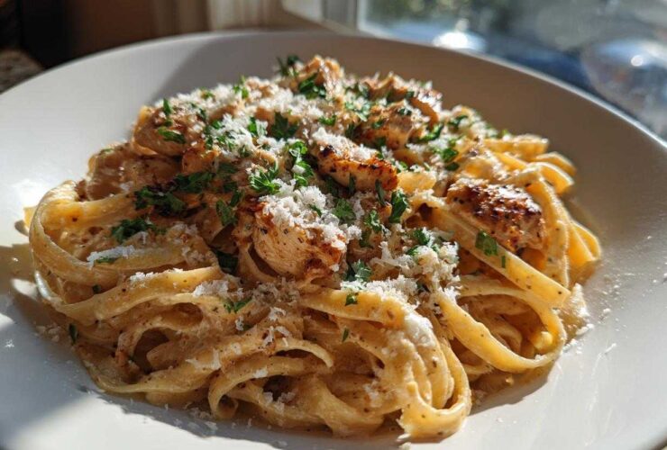 A close-up of creamy Garlic Butter Chicken Pasta with Parmesan, topped with fresh parsley.