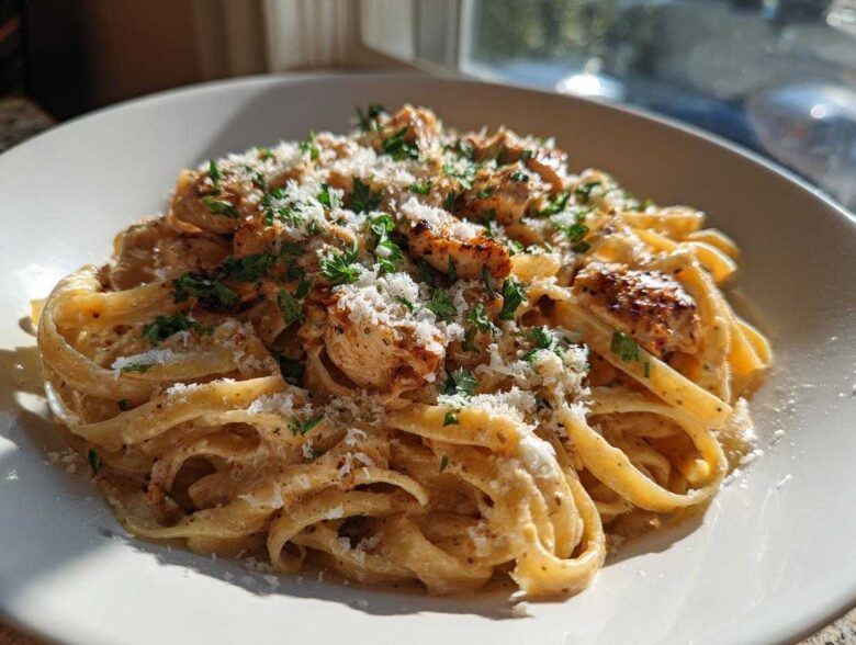 A close-up of creamy Garlic Butter Chicken Pasta with Parmesan, topped with fresh parsley.
