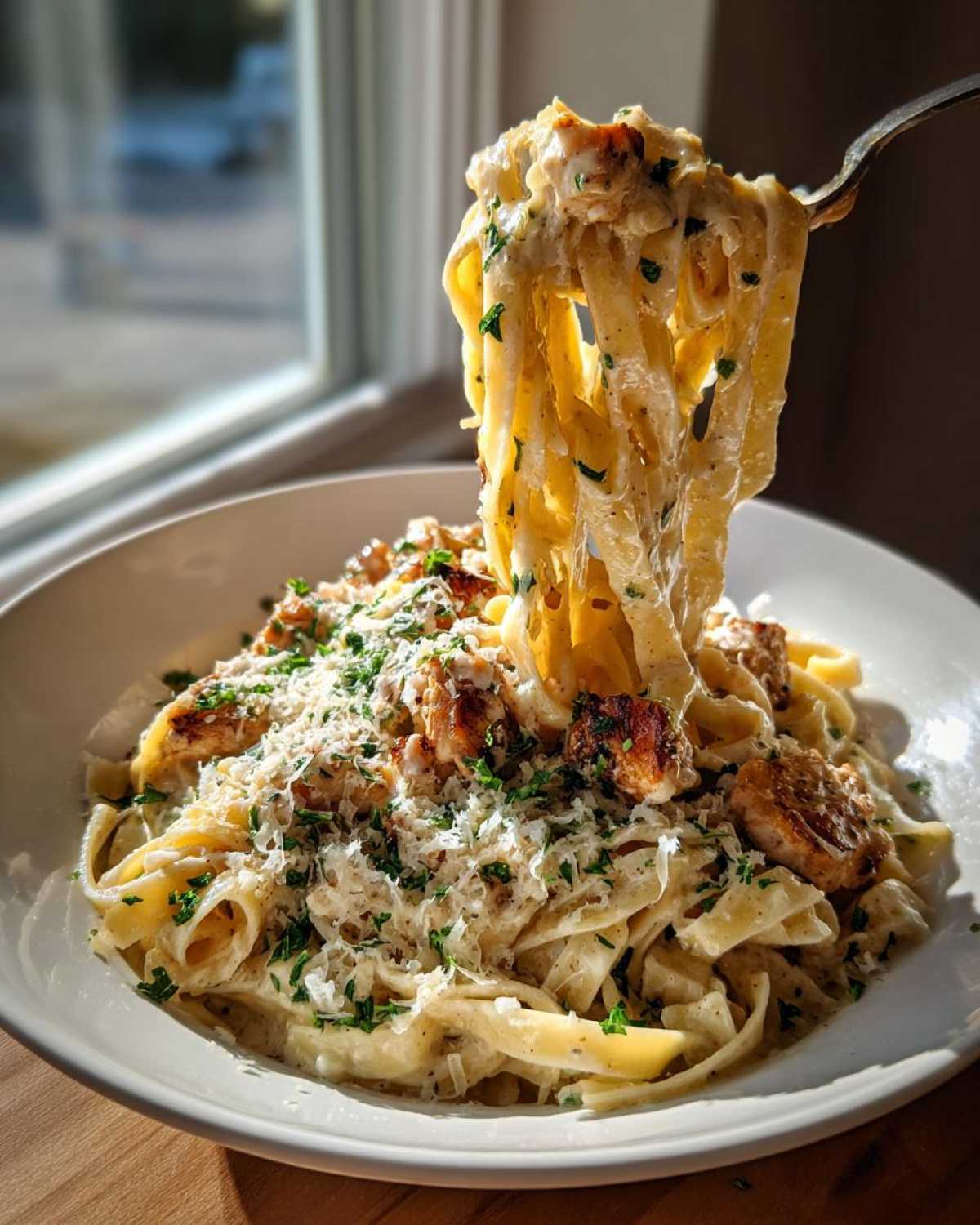 A fork lifts creamy fettuccine noodles from a bowl of Garlic Butter Chicken Pasta with Parmesan, topped with chicken pieces and parsley.
