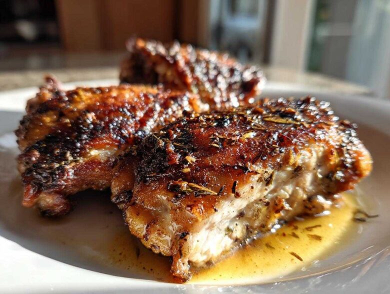 Close-up of three perfectly cooked Garlic Butter Chicken Thighs with crispy, herb-crusted skin resting in butter sauce.