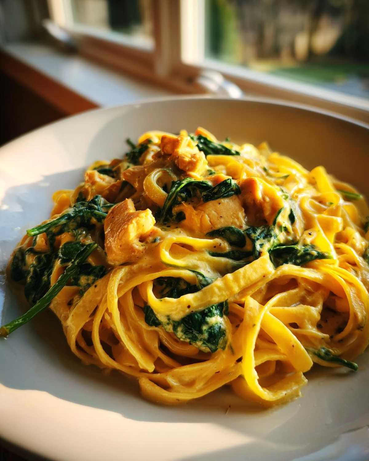 Close-up of creamy Garlic Butter Pasta with Chicken and Spinach served in a white bowl near a window.