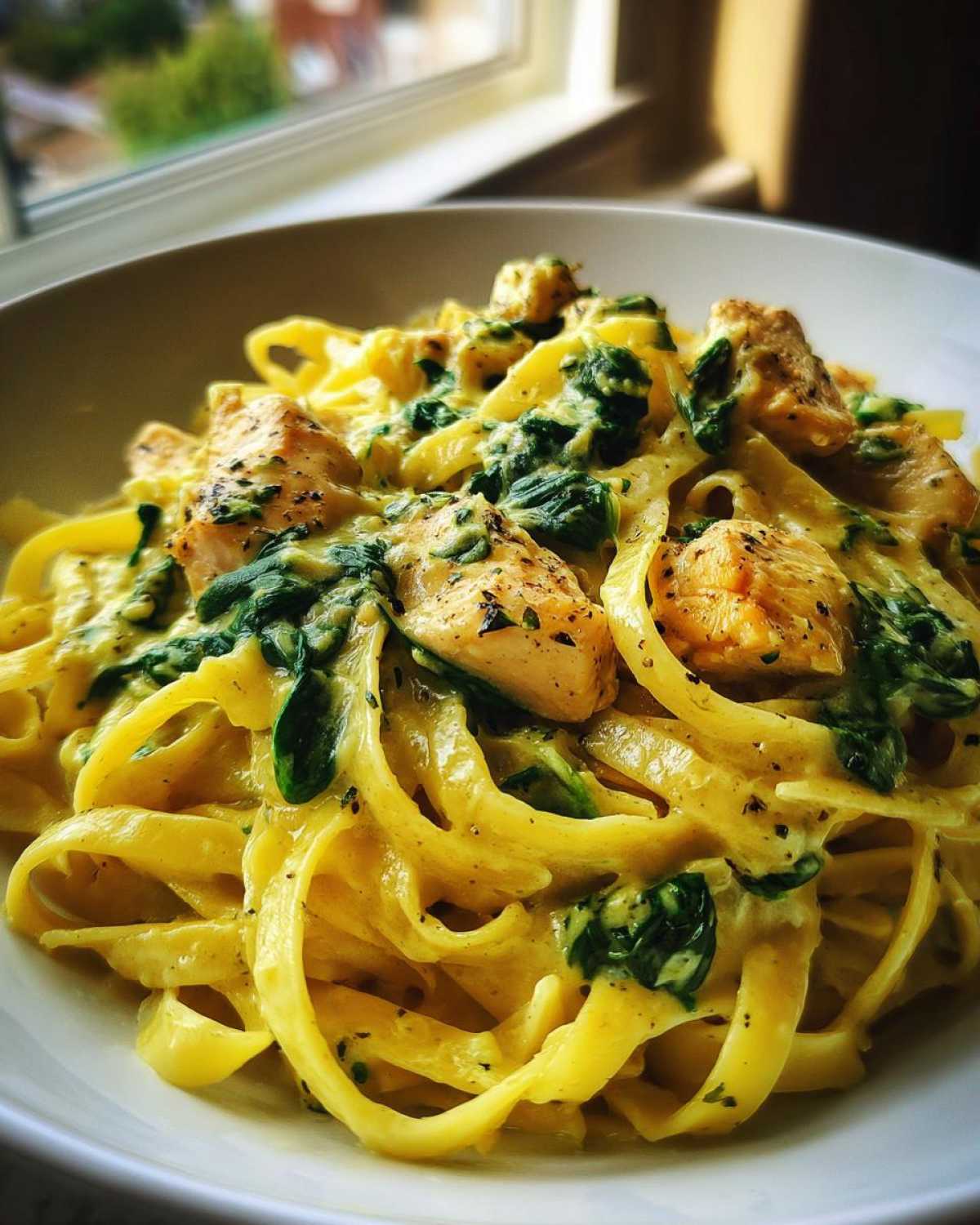 Close-up of creamy Garlic Butter Pasta with Chicken and Spinach served in a white bowl.