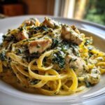 Close-up of creamy Garlic Butter Pasta with Chicken and Spinach served in a white bowl.