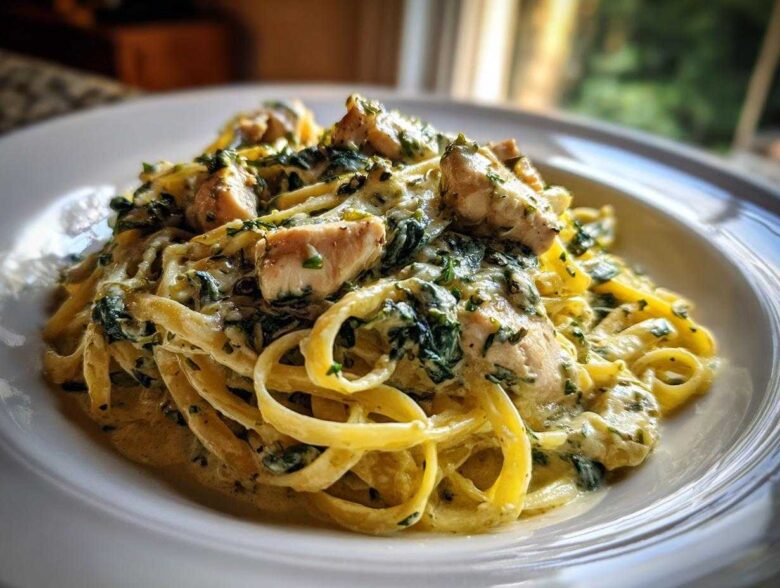 Close-up of creamy Garlic Butter Pasta with Chicken and Spinach served in a white bowl.