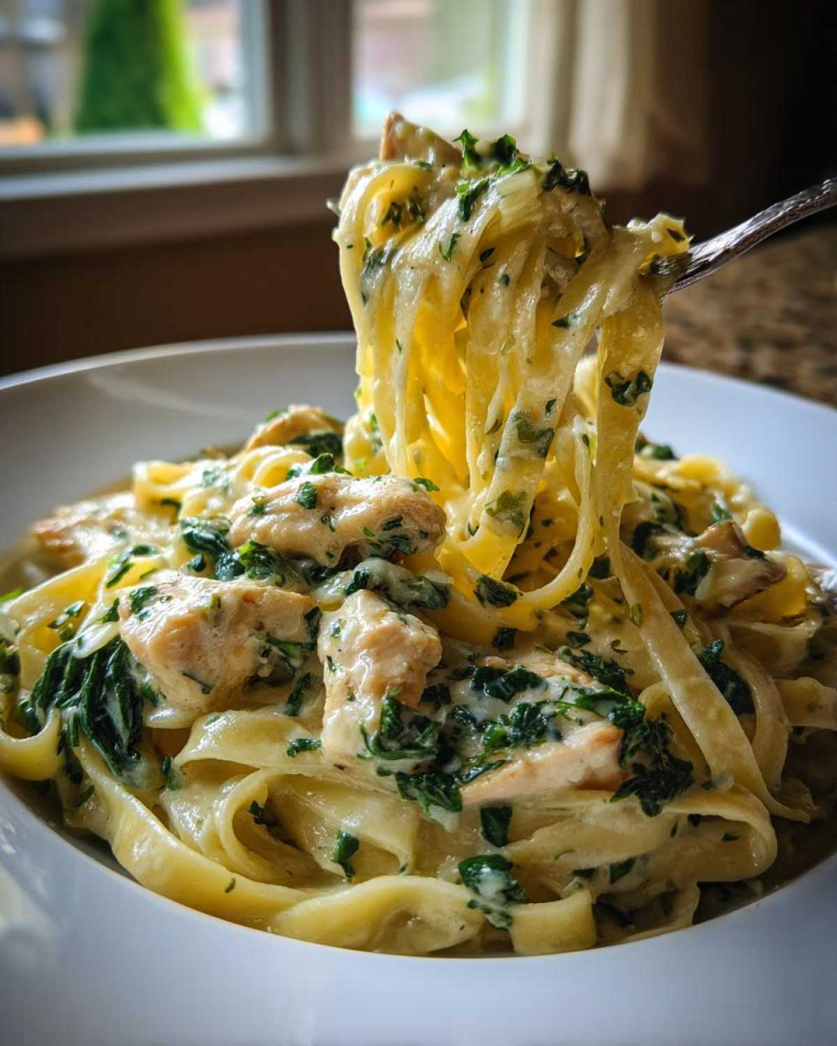 A fork lifts a twirl of fettuccine from a bowl of creamy Garlic Butter Pasta with Chicken and Spinach.