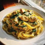 A close-up of creamy Garlic Butter Pasta with Chicken and Spinach served on a white plate near a window.