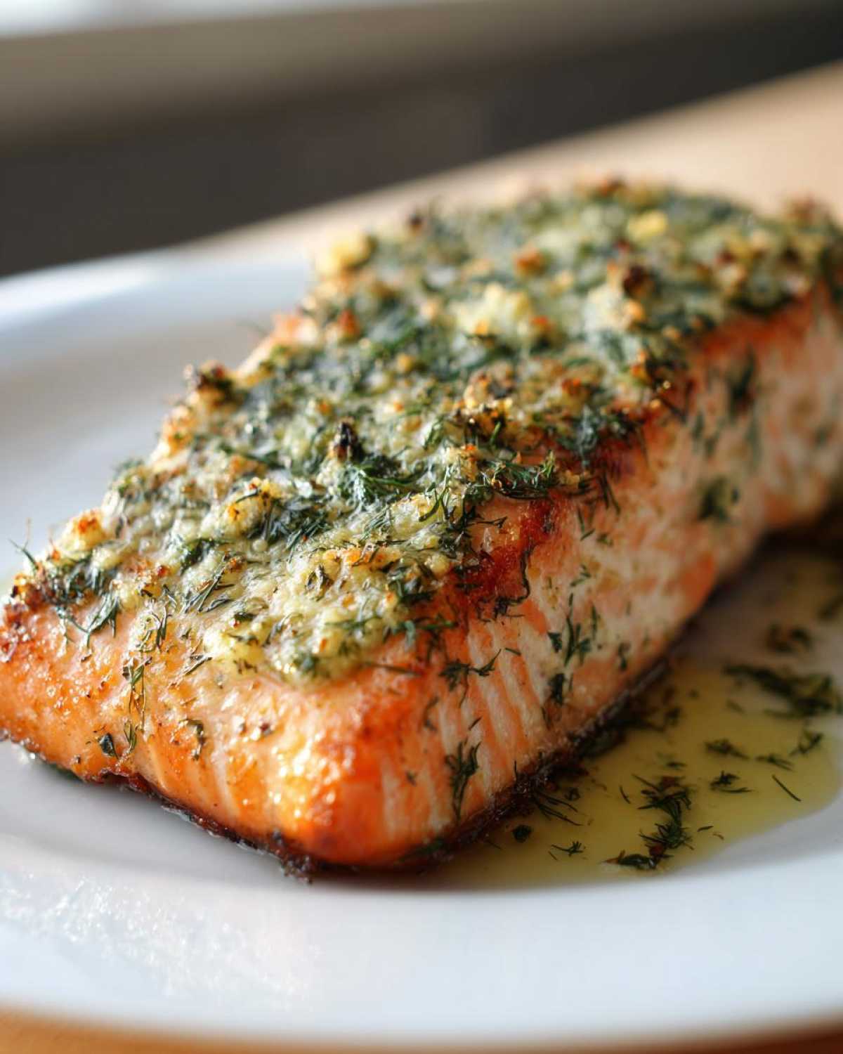 Close-up of a perfectly cooked fillet of Garlic Butter Salmon with a bright green herb and garlic crust.