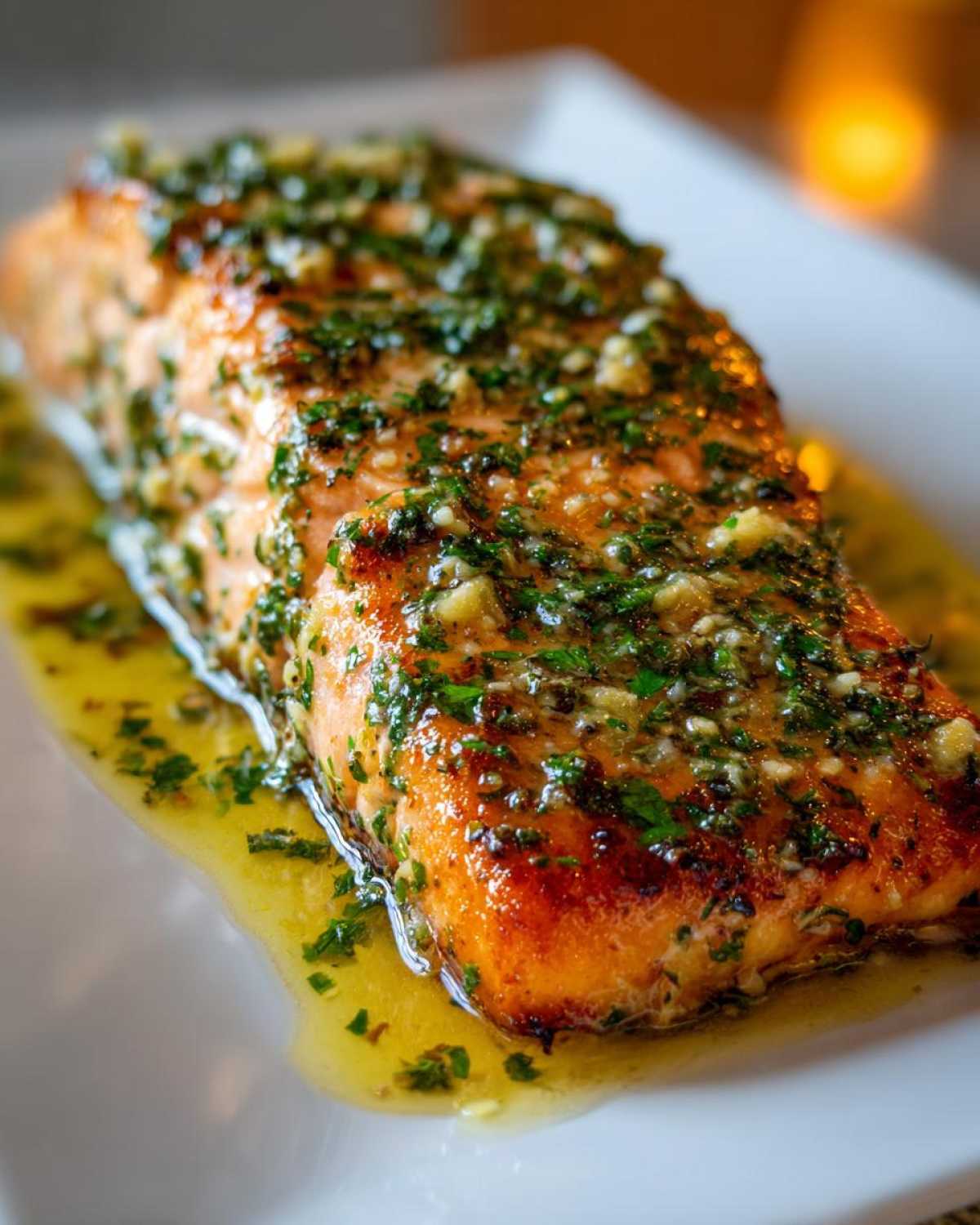 Close-up of a perfectly cooked fillet of Garlic Butter Salmon with Lemon Herb Sauce, glistening with melted butter and herbs.