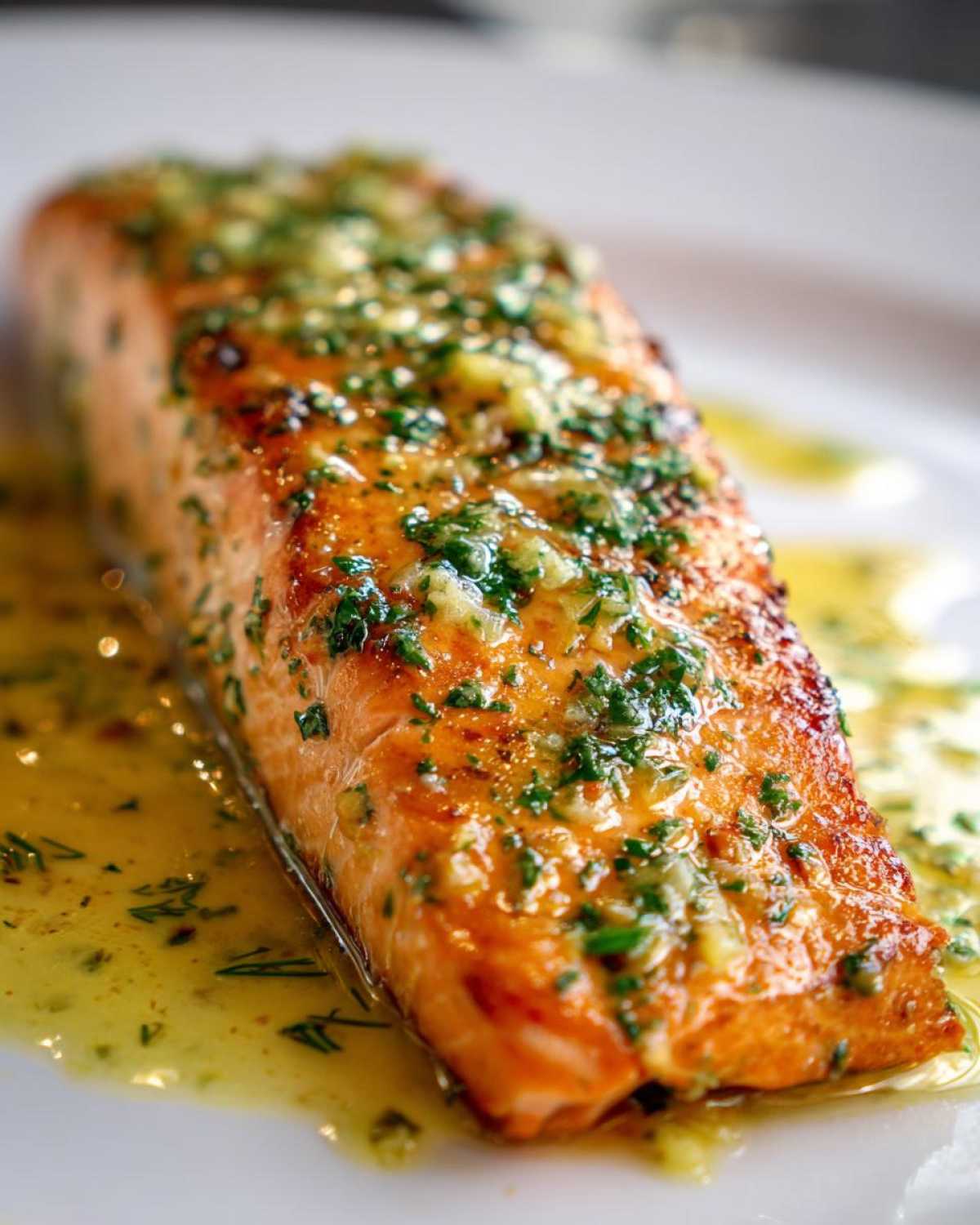 Close-up of a perfectly cooked salmon fillet topped with minced garlic and fresh herbs, sitting in lemon butter sauce.