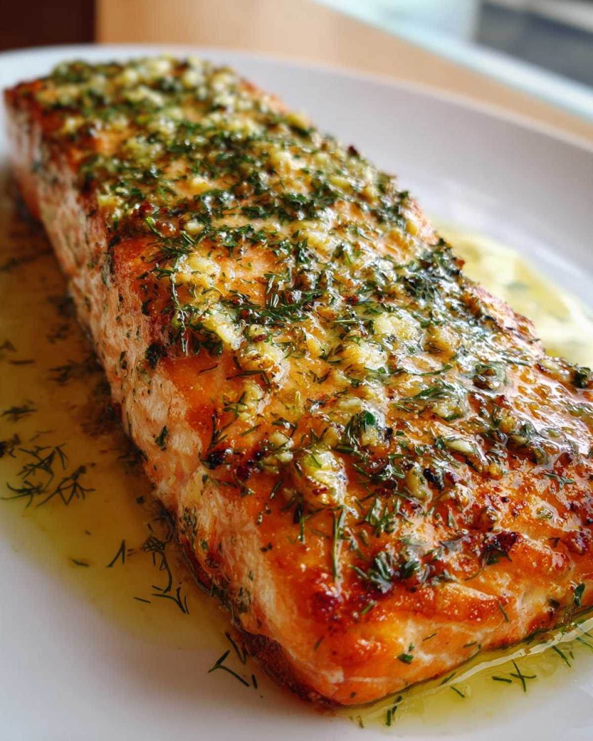Close-up of a perfectly cooked fillet of Garlic Butter Salmon with Lemon Herb Sauce, glistening with butter and herbs.