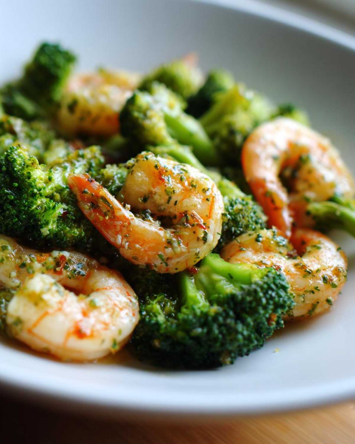 Close-up of cooked shrimp coated in garlic butter sauce mixed with bright green broccoli florets.