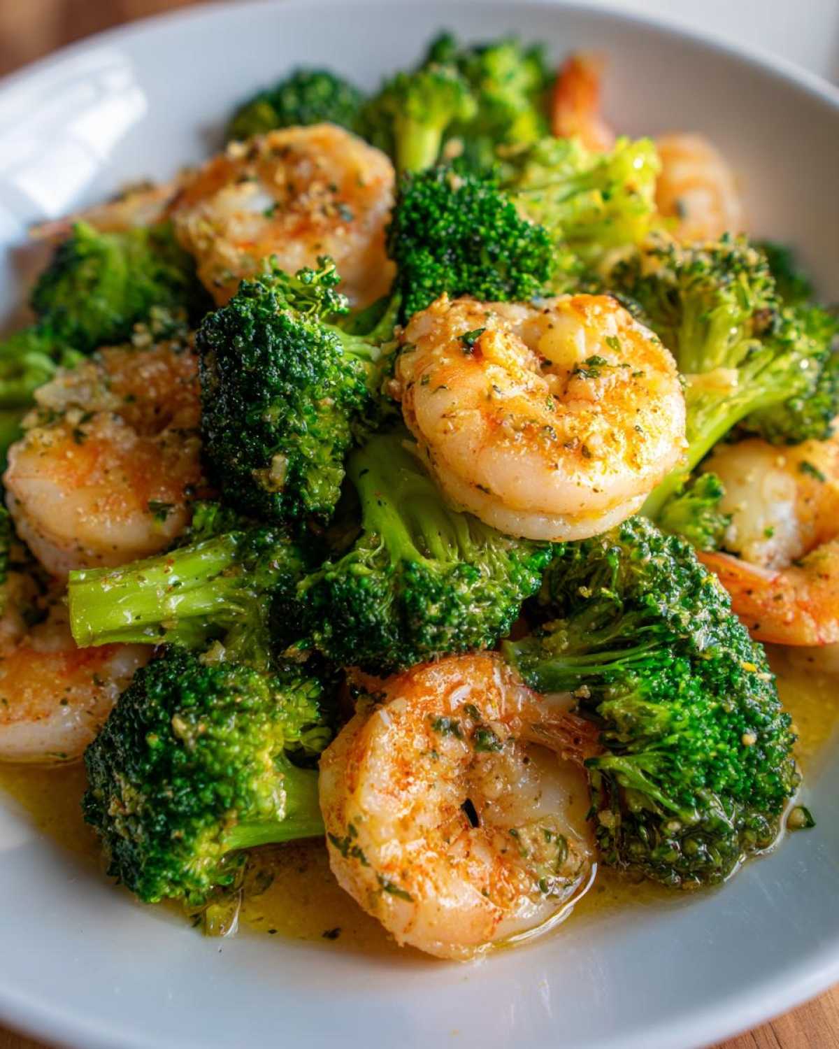 Close-up of perfectly cooked Garlic Butter Shrimp and Broccoli Skillet, glistening in sauce.