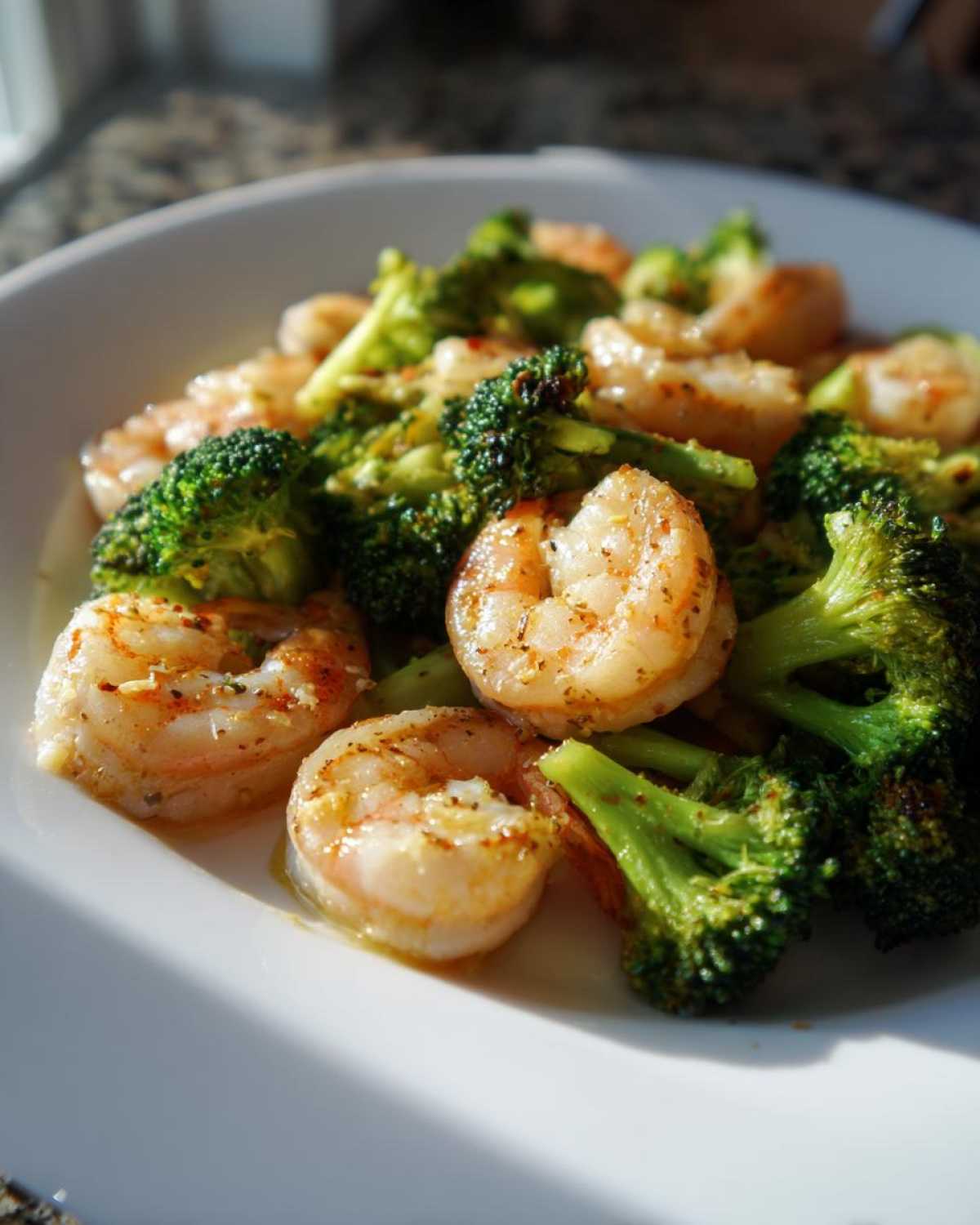 Close-up of cooked shrimp and bright green broccoli florets coated in garlic butter sauce.