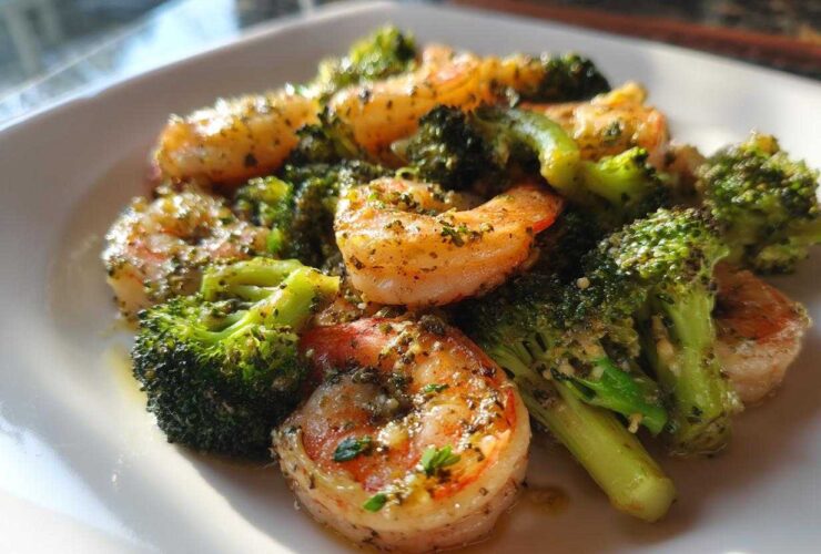 Close-up of Garlic Butter Shrimp and Broccoli Skillet, featuring plump shrimp and bright green broccoli florets coated in herbs and butter.