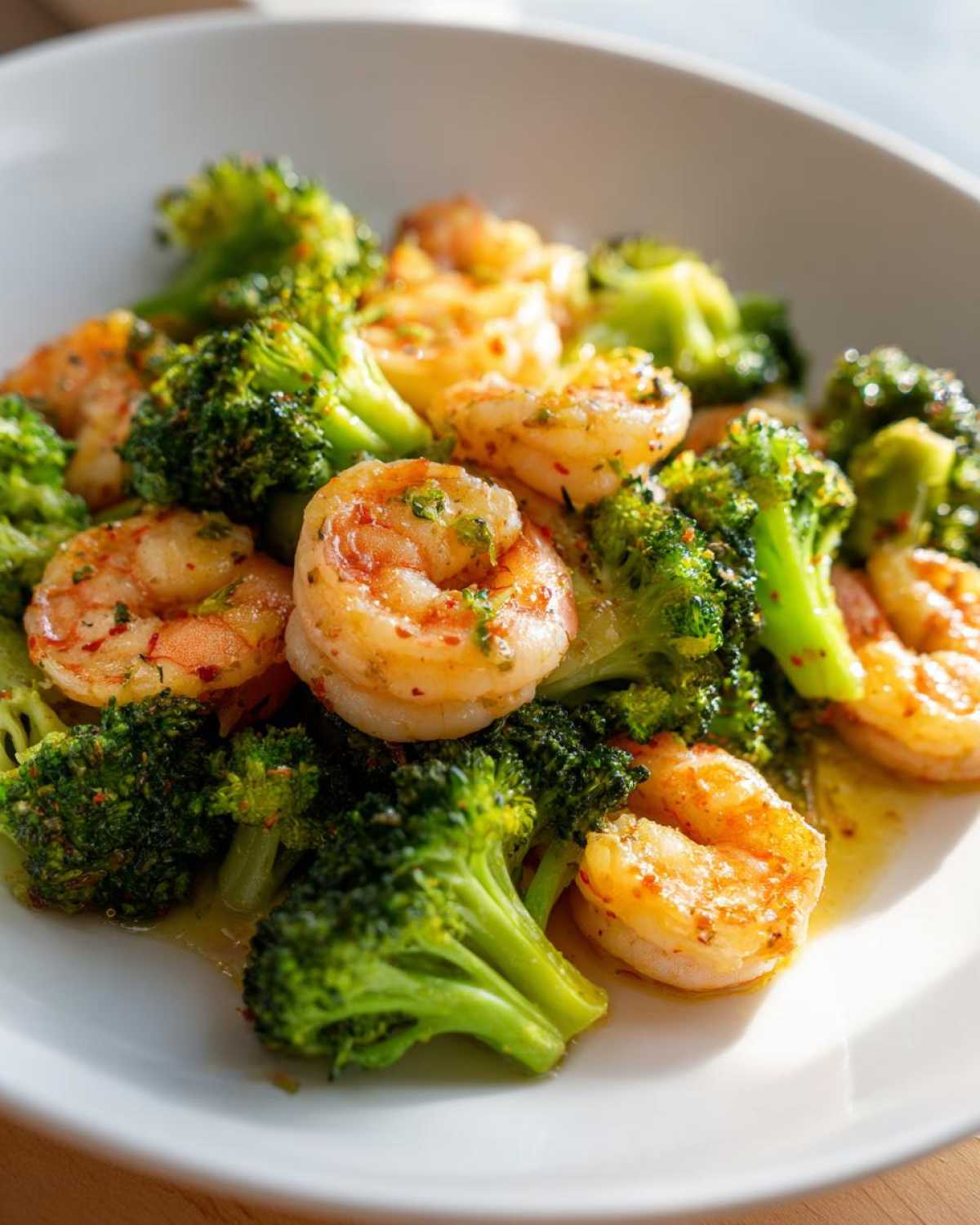 Close-up of perfectly cooked Garlic Butter Shrimp and Broccoli Skillet served in a white bowl.