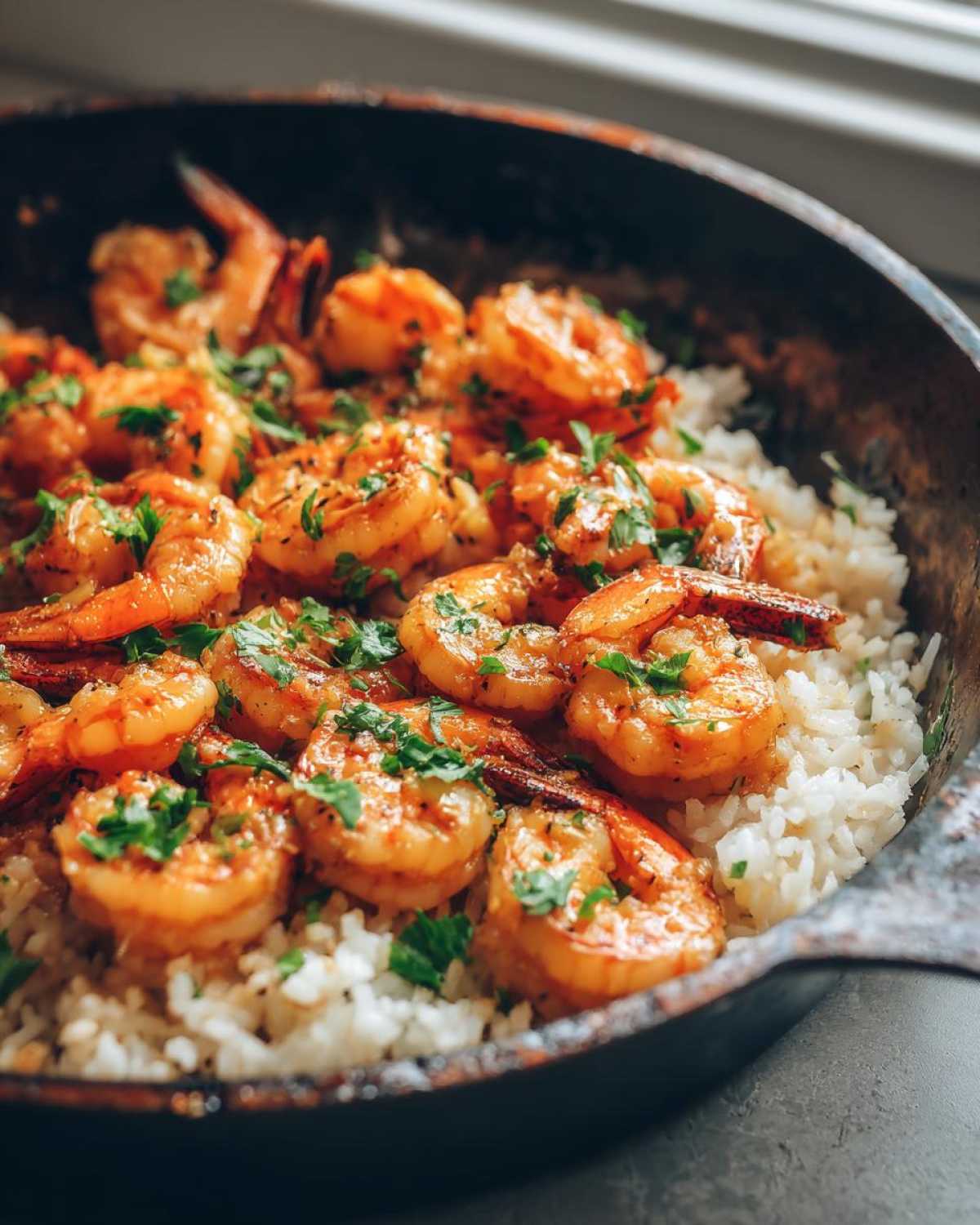 Close-up of juicy Garlic Butter Shrimp and Rice served directly in a dark skillet, garnished with fresh parsley.