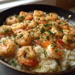 Plump shrimp cooked in garlic butter served over white rice in a black skillet, garnished with parsley for an easy recipe.