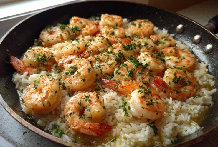 Plump shrimp cooked in garlic butter served over white rice in a black skillet, garnished with parsley for an easy recipe.