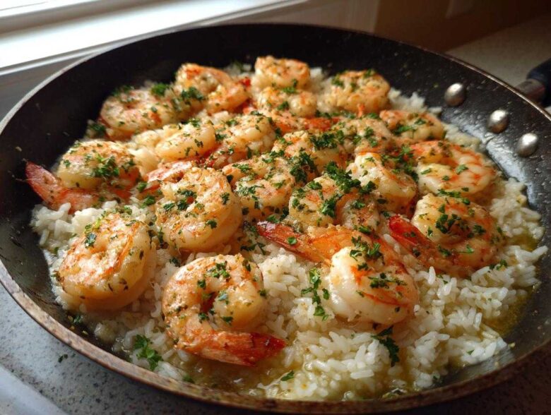 Plump shrimp cooked in garlic butter served over white rice in a black skillet, garnished with parsley for an easy recipe.